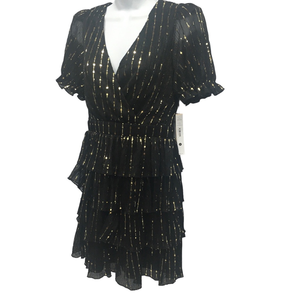 Aqua by Bloomingdales Black Metallic Tiered Dress NWT Misses size S